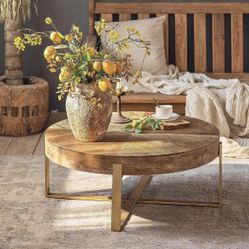 Coffee Table,Gexpusm 32" Round Wood Center Table for Living Room, Mid Century Modern Farmhouse Round Coffee Table with Gold Metal Legs, Brown