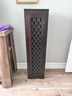 Tall Narrow Wood Cabinet with Lattice Door