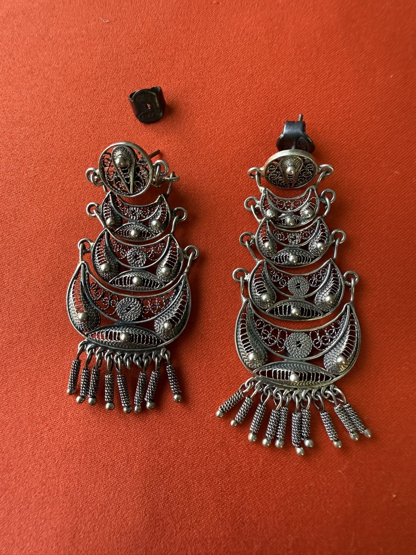 Vintage 925 Silver Signed By Peruvian Artist Ilaria, Filigree Earrings