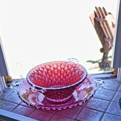 Vintage Pair Of Indiana glass honeycomb pattern Cranberry Both With Handles

