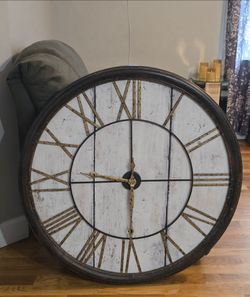 40" Distressed Wood & Gold Metal Round Wall Clock