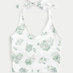 White Floral SOFT STRETCH SEAMLESS FABRIC HALTER TOP (SML)