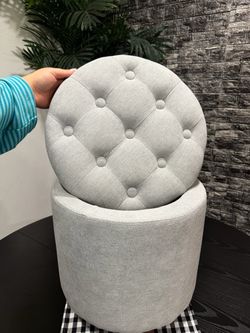 GORGEOUS TUFFED OTTOMAN GREY AND BLACK WOODEN LEGS