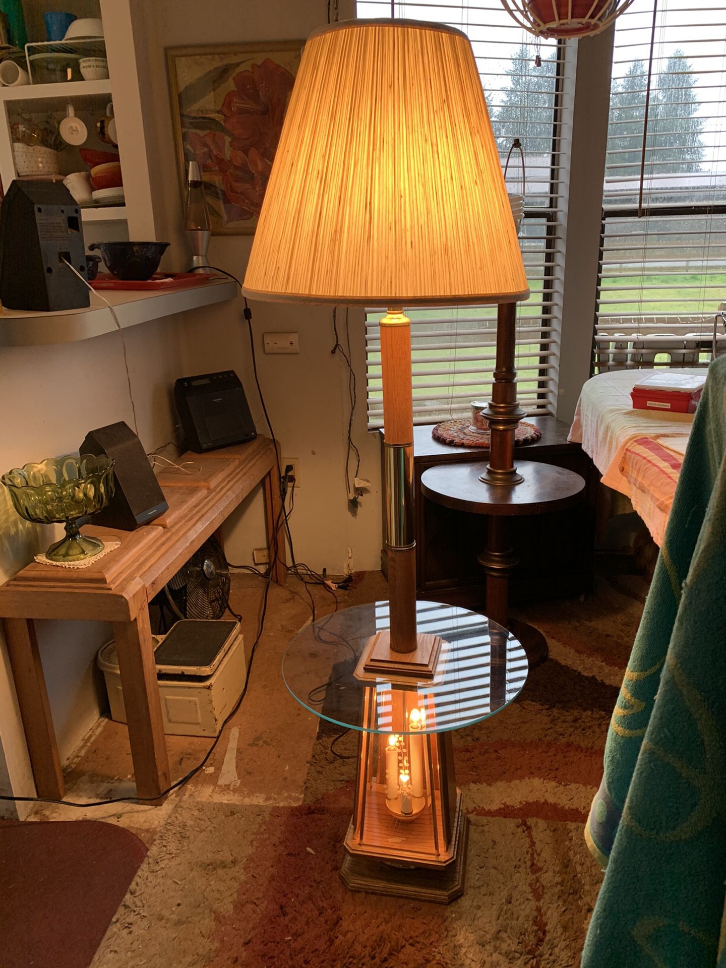Amazing wood & glass lamp top & bottom lights with table. 58” with shade. Rochester wa