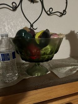 Green Glass Bowl With Ceramic Veggies
