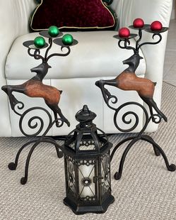 NEW Pier 1 Wrought Iron And Wood Leaping Deer & Lantern