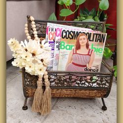 Vintage Antique BoHo Rough Iron & Seagrass Wicker Magazine Rack/Holder. 
