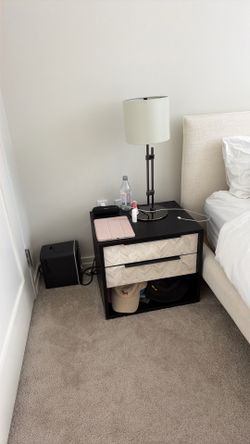 Two bedside tables cb2 with free cb2 lamps