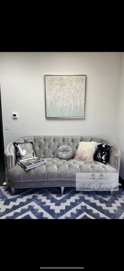 New Grey Velvet Glam Sofa With Crystals 