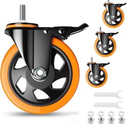 5 Inch Caster Wheels, Threaded Stem Casters Set of 4 Heavy Duty, Swivel Casters 1/2"-13 x 1 (Screw Diameter 1/2", Stem Length 1"), Safety Dual Locking