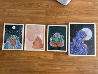 Set of 4 Framed Art Prints by Katja Perez, Moon & Stars
