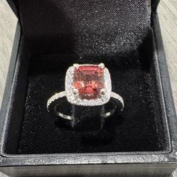 Cushion Cut Peach-Pink Tourmaline & Diamond Halo Ring
