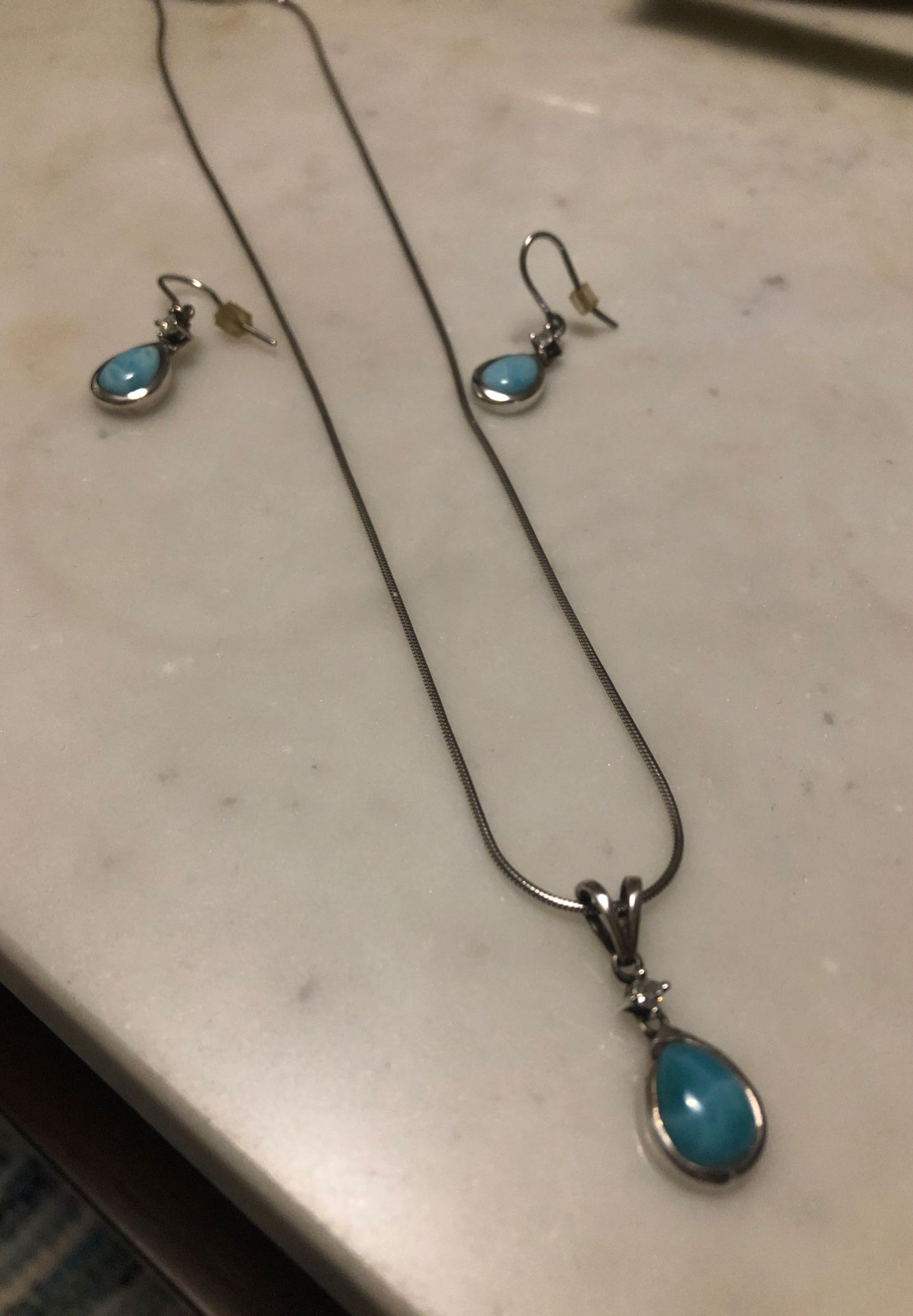 Larimar and diamond silver necklace pendant and earrings