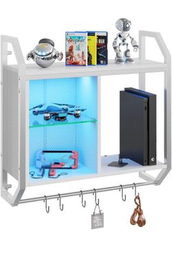 LED Gaming Floating Shelves for Wall, 25" Wall Mounted Shelf Pipe Adjustable Glass Shelves, White Hanging Display Rack with 6 S-Hooks Towel Bar, Gamin