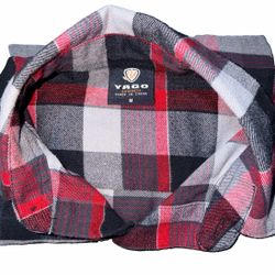 YAGO Flannel Plaid Button Up Shirt Mens Medium Red Black Grey White Long Sleeve