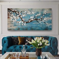 Huge Wall Art for Living Room 100% Hand-Painted Flower Oil Painting On Canvas Gallery Wrapped Floral Plum Blossom Artwork for Bedroom Office Decor One