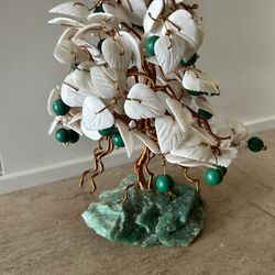 Vintage Bonsai Tree Copper & Carved MOP Shell Mounted on Rock - Handmade Bonsai Tree