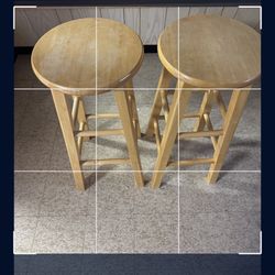 Natural Solid Oak Wood Barstool With Round Seat 24-inch Height - 2 Stools Included 