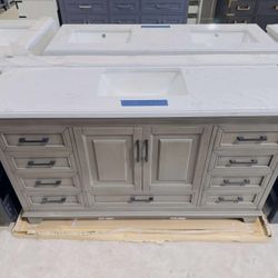 60 in. W x 22 in. D Single Sink Bath Vanity in Rustic Gray with White Marble Top $899 