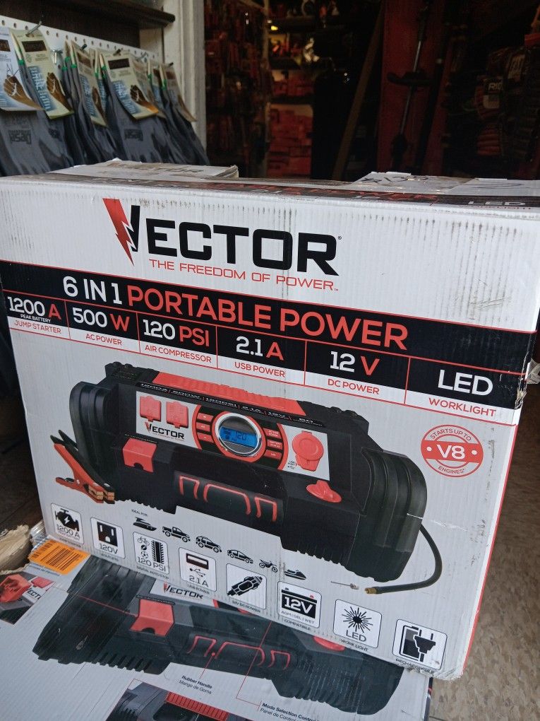 Vector 6 In 1 Portable Power 1200A Jump Starter/ 500W/ AC Power/ 120 PSI Air Compressor/ 2.1 A USB Power/ 12V DC Power/ LED Worklight