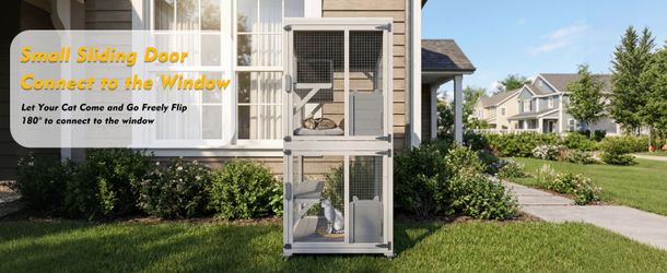 Outdoor Cat Enclosure Catio with Wheels, 71.2 Large Wooden Cat Cage, Multi-Level Cat House with Platforms, Lockable Doors & Removable PVC Tray