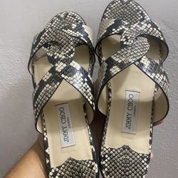 JIMMY CHOO  Calfskin Snake Print Atia Flat Natural, size 8 