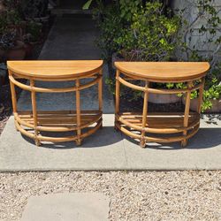 Rare 1930s- 1950s CALIFORNIA-ASIA Half Moon shaped Side Tables Solid Mahogany Top and Rattan