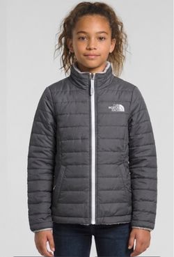 The North Face Girls XS (6) Gray/Mint Hooded Puffer Jacket Fleece Lined Zip