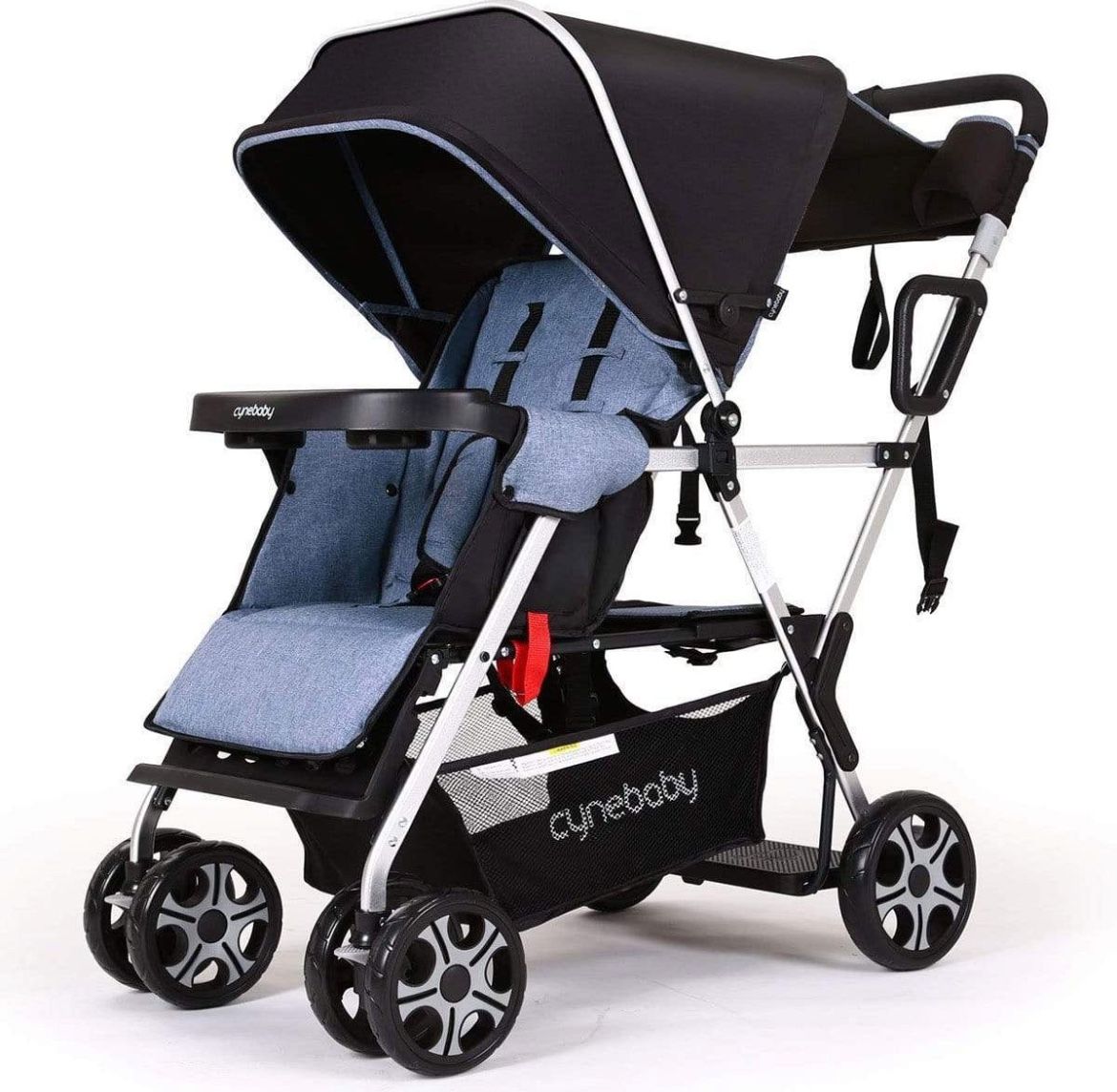 Sit and Stand Double Stroller with Bench Seat and Standing Platform, Plentiful Storage, Auto-Lock Quick-Fold, and Extended Sun Canopy,