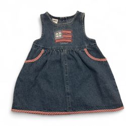 OshKosh B'gosh vintage blue denim dress with red gingham trim and American flag