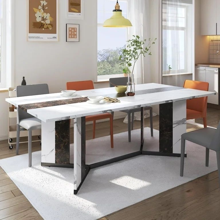 71" Large Dining Table for 6-10 People, Modern Luxurious Marble Family Rectangular Dinner Table Gaming Computer Desk with Adjustable Leg(Marble White)