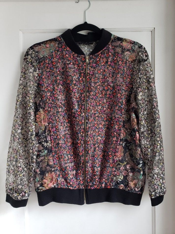 Zara Lace Jacket, Floral Lace Bomber Jacket With Brass Zipper, Made In Morocco