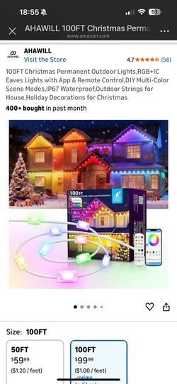 100FT Christmas Permanent Outdoor Lights,RGB+IC Eaves Lights with App & Remote Control,DIY Multi-Color Scene Modes,IP67 Waterproof,Outdoor Strings for