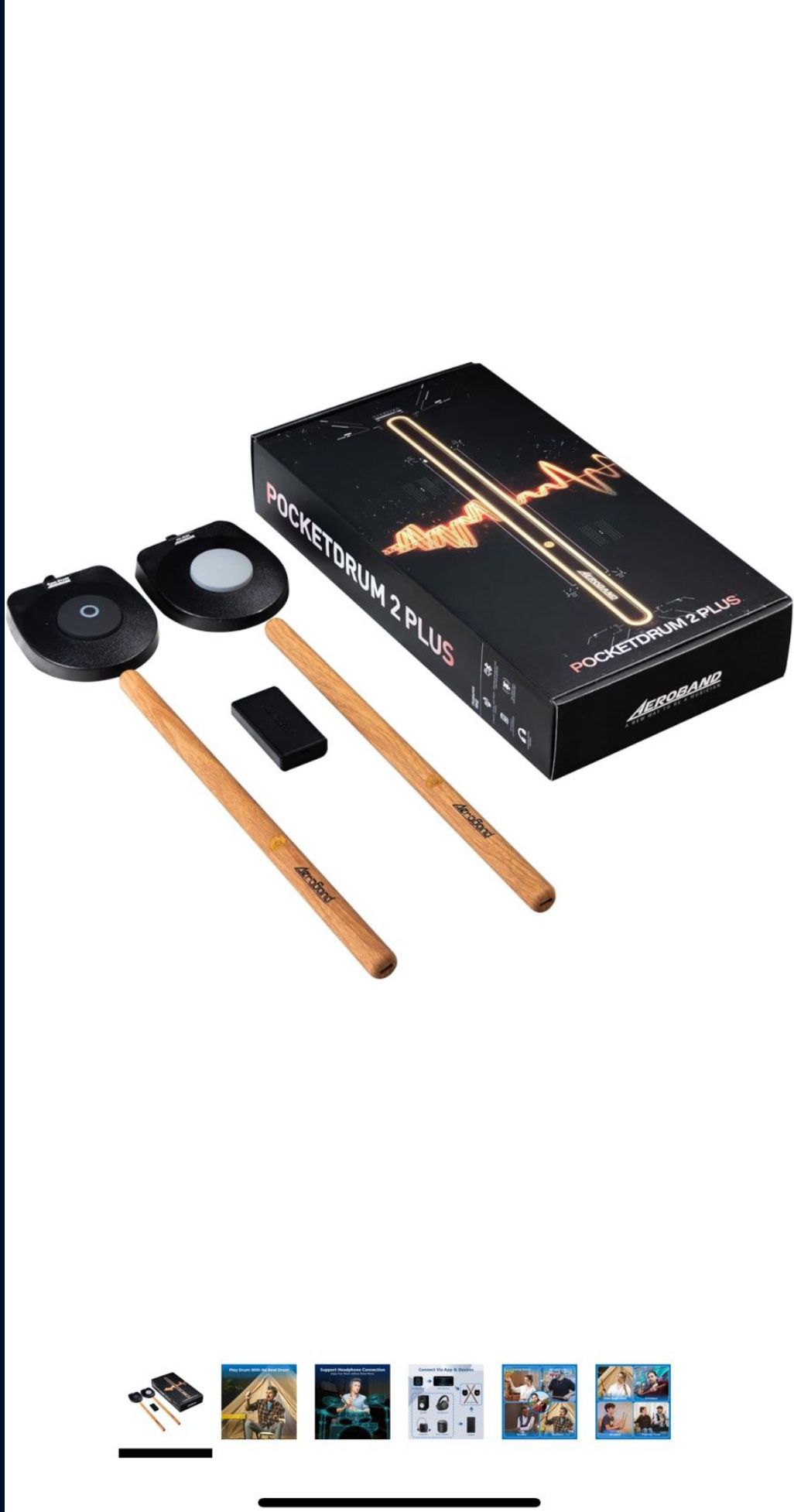 AeroBand PocketDrum 2 Plus Electric Air Drum Set Sticks, with Drumsticks, Pedals, Bluetooth and 8 Sounds, USB MIDI Function, Electronic Drums for Adul