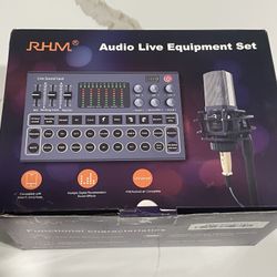 RHM Podcast Equipment Bundle, All-in-One Audio Interface DJ Mixer with Microphone, Stand, Monitor Earphone, Audio Mixer With Sound card for PC/Laptop/