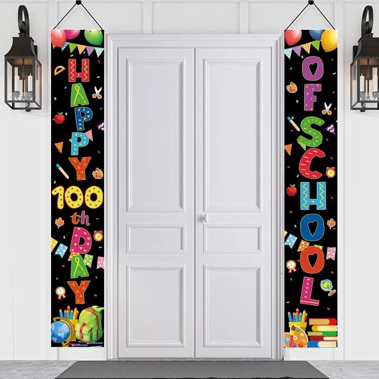 2 Pc 100th Day Of School Party Decoration Banner Classroom Front Door Sign