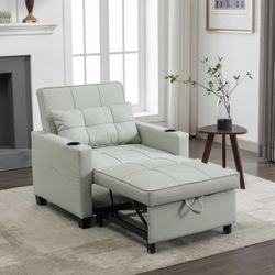 Futon Chair Bed Convertible Leather Chair 3-in-1 Pull Out Sleeper Chair Beds with USB Ports,with Adjustable Backrest and Pillows and Cup Holders,for B