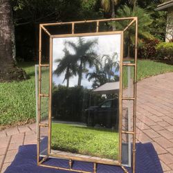Vintage Gold Metal Faux Bamboo Wall Mirror / Iron Painted Gold 