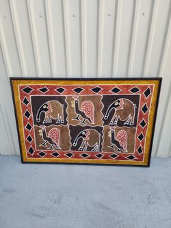 Large African Tribal Style Wall Art Painting Framed Safari Elephant Bird Decor 59x40