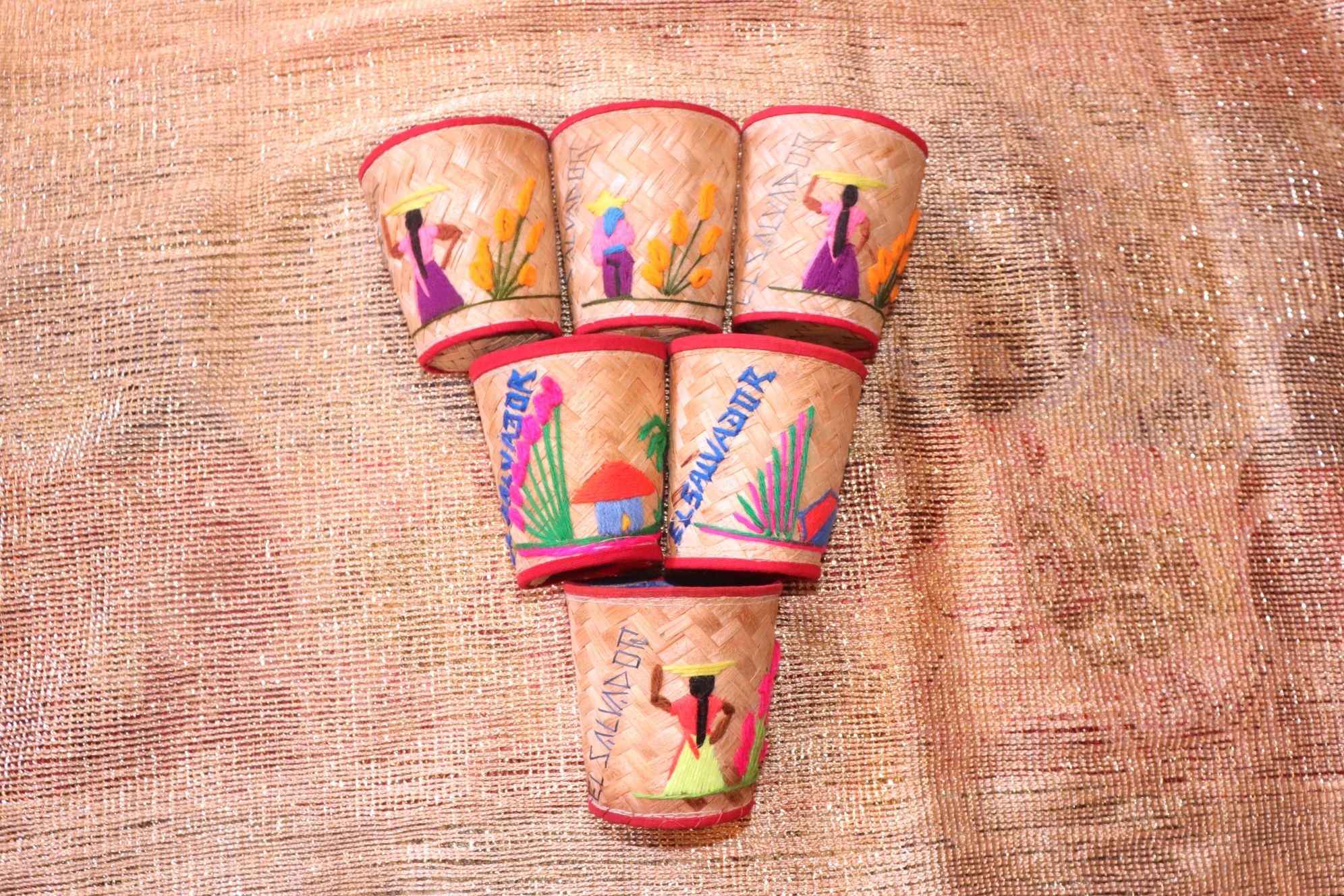 Colorful Collection Of Woven Cups From El Salvador With Embroidery