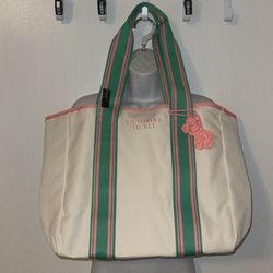 NWT Victoria's Secret Large Canvas Tote Bag Natural Green Handles Charm