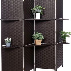 HOMCOM Decorative Hand Woven Bamboo 4-Panel Room Divider with 2 Tier Removable Display Shelves - Black - NEW