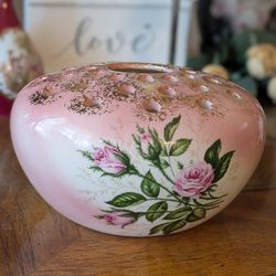 Vintage Porcelain Flower Frog Vase~Hand Painted Roses, Gold Accents, 36 Stem Holes~Mid Century