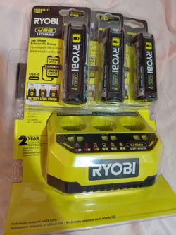 Ryobi 3-port USB charger & three 2Ah batteries