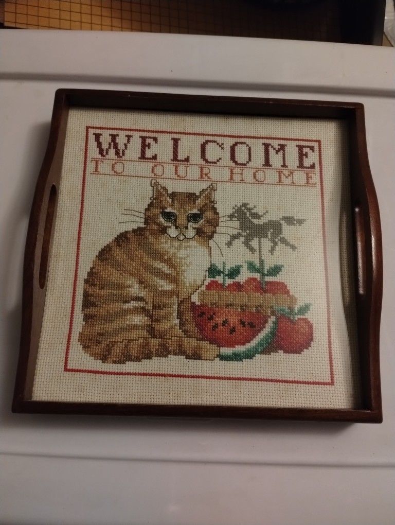 Wooden Framed Cross Stitch Cat Tray Wall Decor