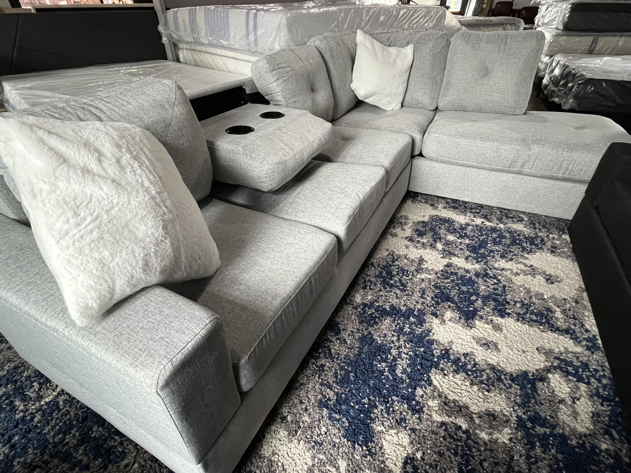 Beautiful Grey Sectional w/ Chaise & Cup Holders – $795 ⭐️ $0 Down Financing + Same Day Delivery