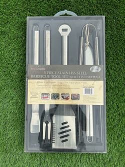 NEW - 5 PIECE STAINLESS STEEL BARBECUE TOOL SET WITH 4 IN 1 SPATULA  BBQ
