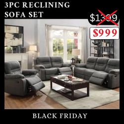3pc Reclining Sofa Loveseat Chair - Grey Fabric Livingroom Set