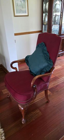Burgundy Upholstered Armchair with Wood Frame