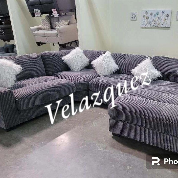 ✅️✅️ 4 pc grey wide welt cordury fabric upholstered modular sectional sofa with chaise ✅️